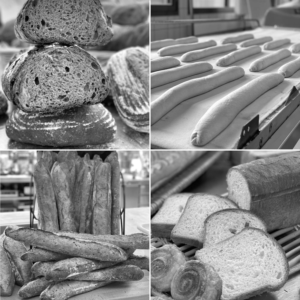 photo découpée en 4 parties montrant chacunes une facette différente d'une boulangerie